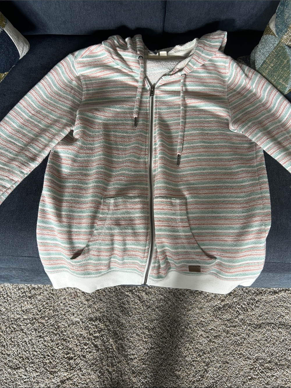 Roxy lightweight ladies Pastel Striped Knit Hoodie in Mint, Coral, and Cream XL